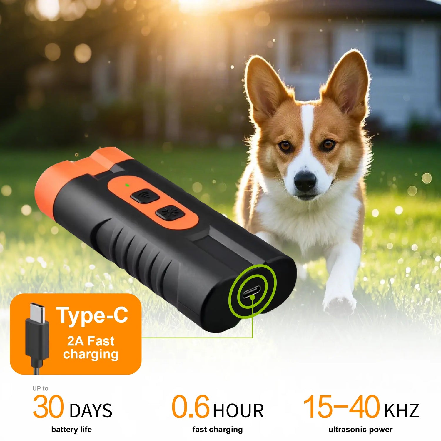 Ultrasonic Dog Barking Deterrent Training Tool - Rechargeable Usb-Charged, Dual Emitter, 50Ft Range, 25Khz Frequency, Flashlight, Portable Grip, Kit Included for Indoor & Outdoor Dog Behavior Control