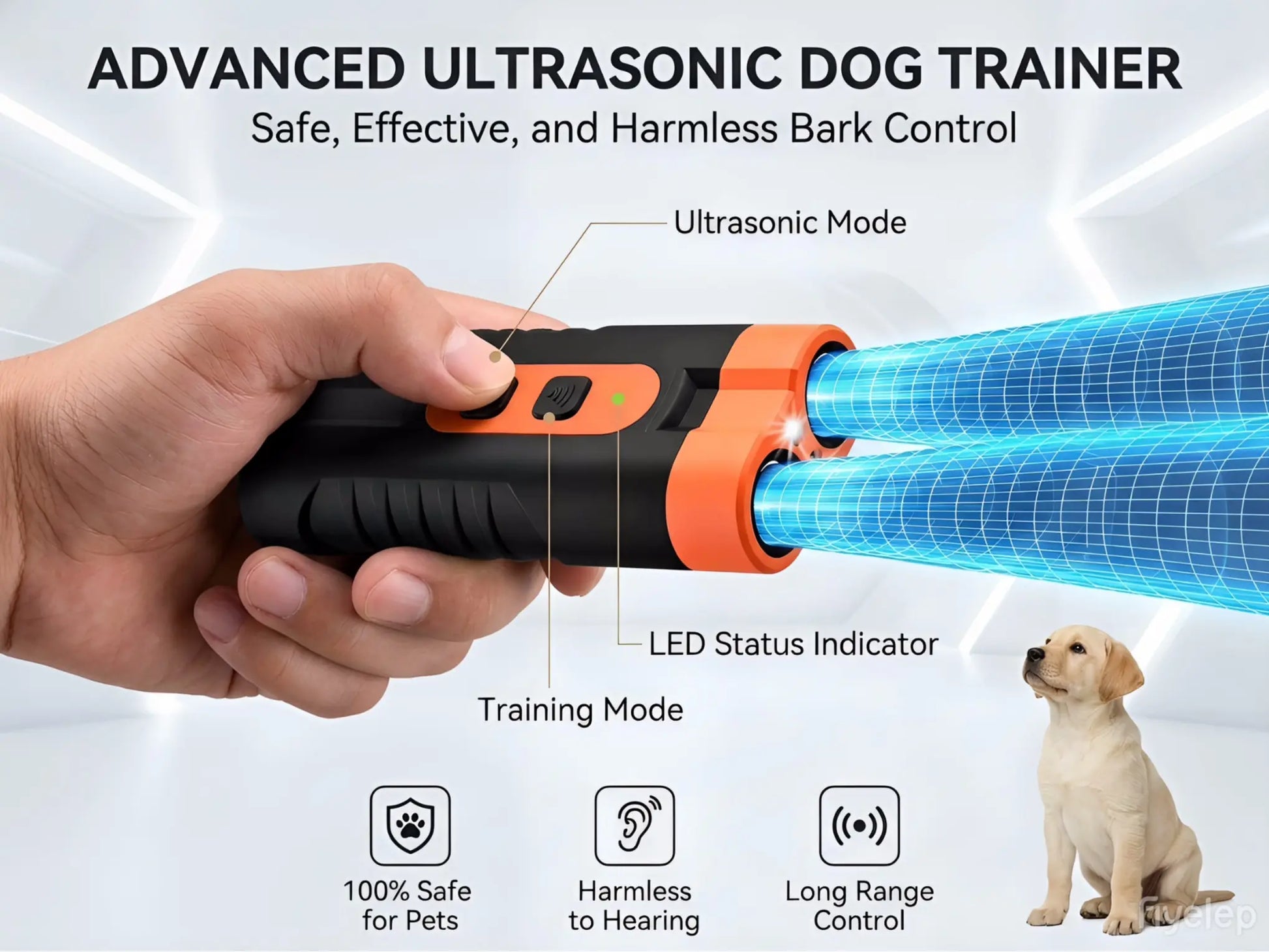 Ultrasonic Dog Barking Deterrent Training Tool - Rechargeable Usb-Charged, Dual Emitter, 50Ft Range, 25Khz Frequency, Flashlight, Portable Grip, Kit Included for Indoor & Outdoor Dog Behavior Control